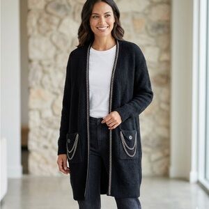 Max Sport Black Long Line Cardigan Sweater Women Small Gold Chain Embellishment